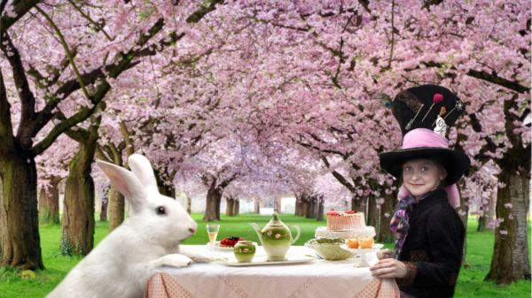 de Mad Teaparty van Alice in Wonderland met konijn en Alice
